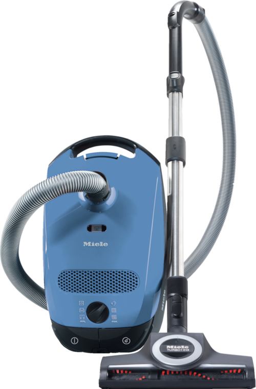 Miele Classic C1 Turbo Team PowerLine SBAN0 Tech Blue canister vacuum with TurboBrush STB 305-3 and Parquet Brush SBB 300-3