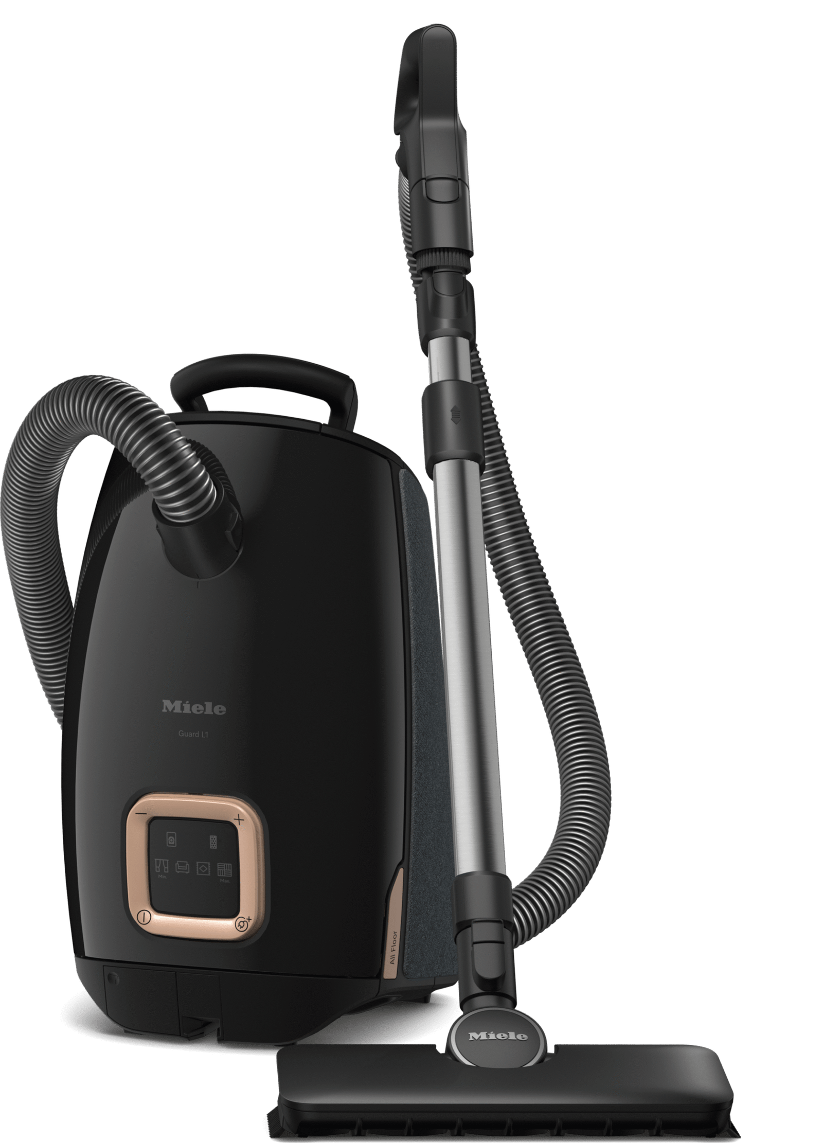 Miele Guard L1 AllFloor PowerLine SUSE0 canister vacuum in Obsidian Black with AllFloor brush and DynamicDrive wheels