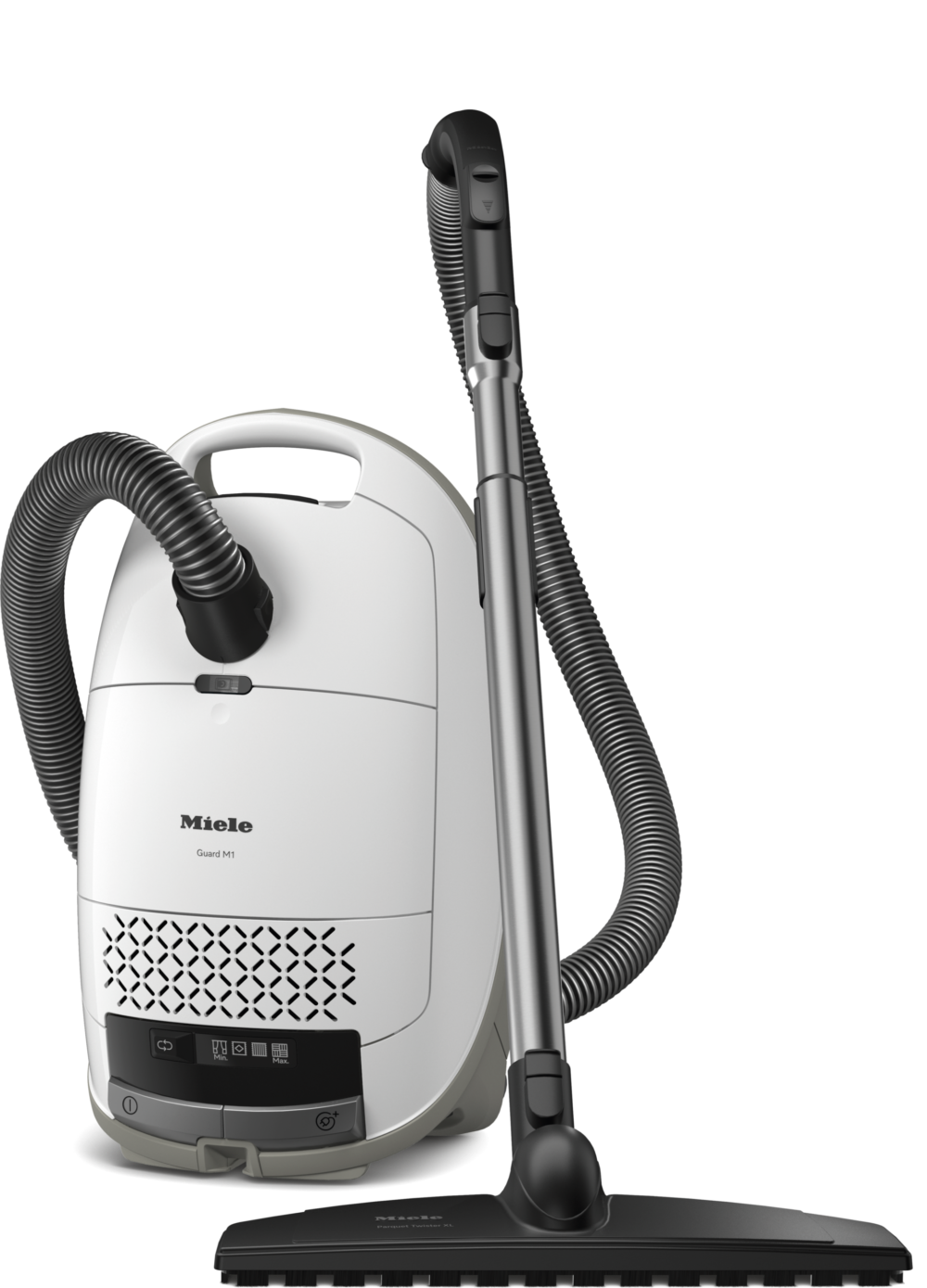 20000214228 Miele Guard M1 Parquet XL SVTE0 canister vacuum in Brilliant White with Parquet Twister XL hard-floor brush