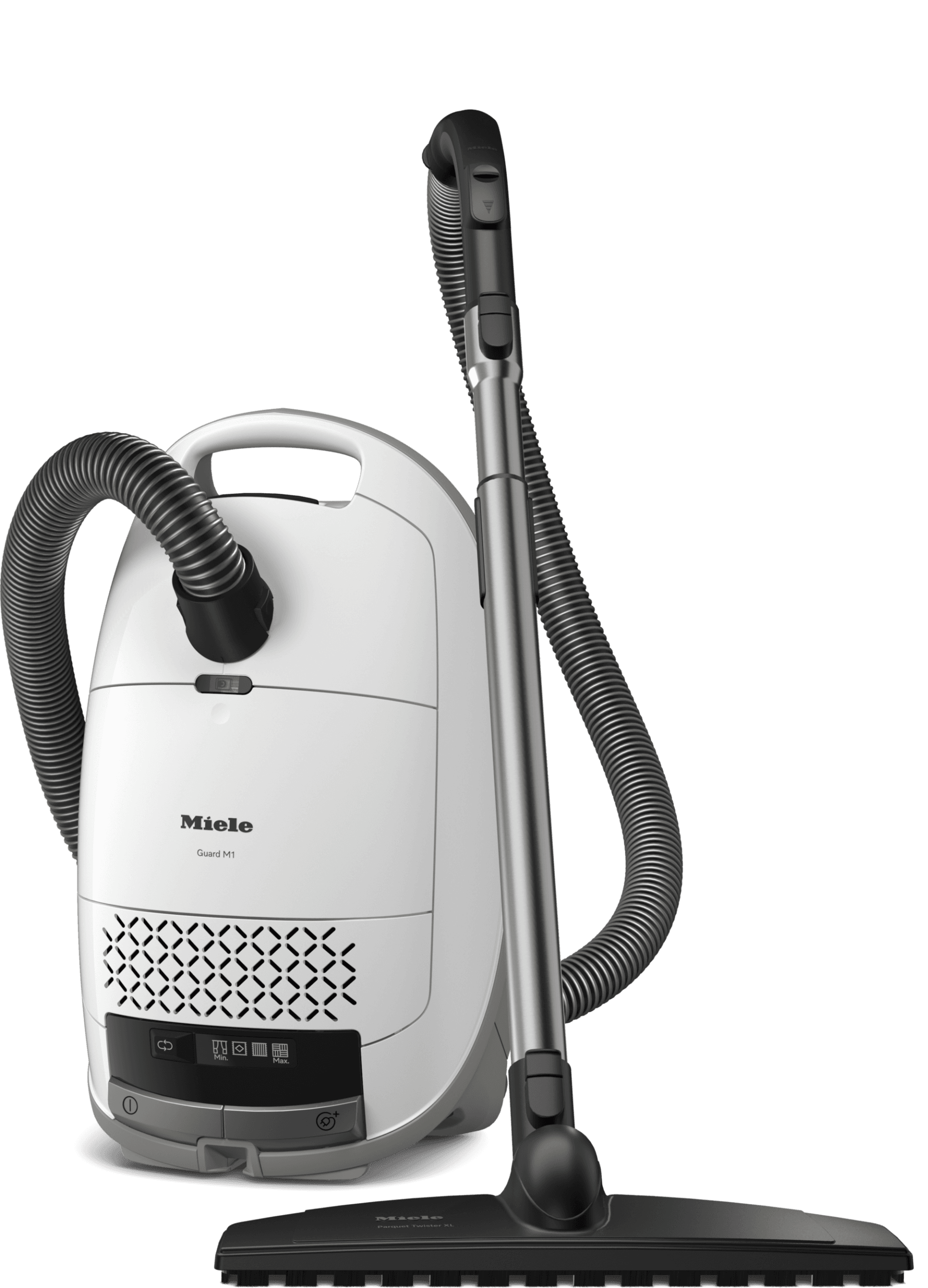 Miele Guard M1 Parquet XL SVTE0 canister vacuum in Brilliant White with Parquet Twister XL hard-floor brush
