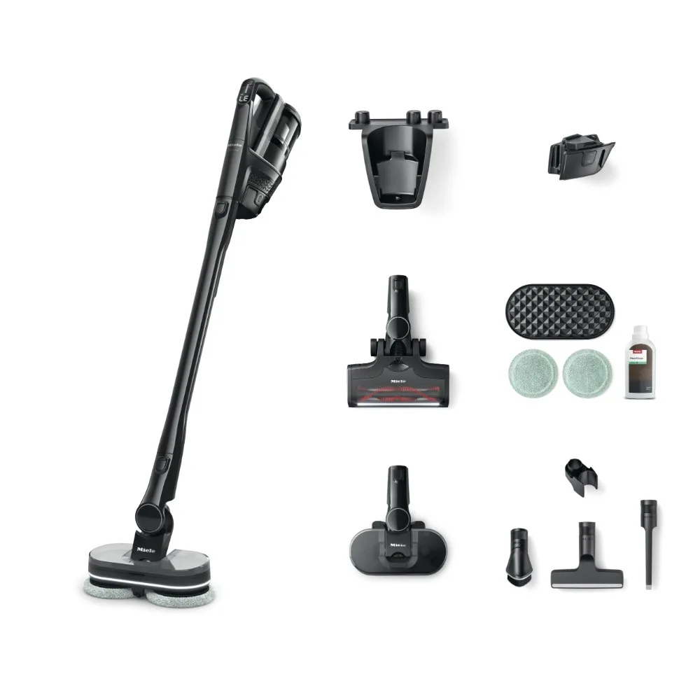 Miele Triflex HX3 Aqua cordless stick vacuum in Obsidian Black with AquaTwister wet mop head, pads and accessories