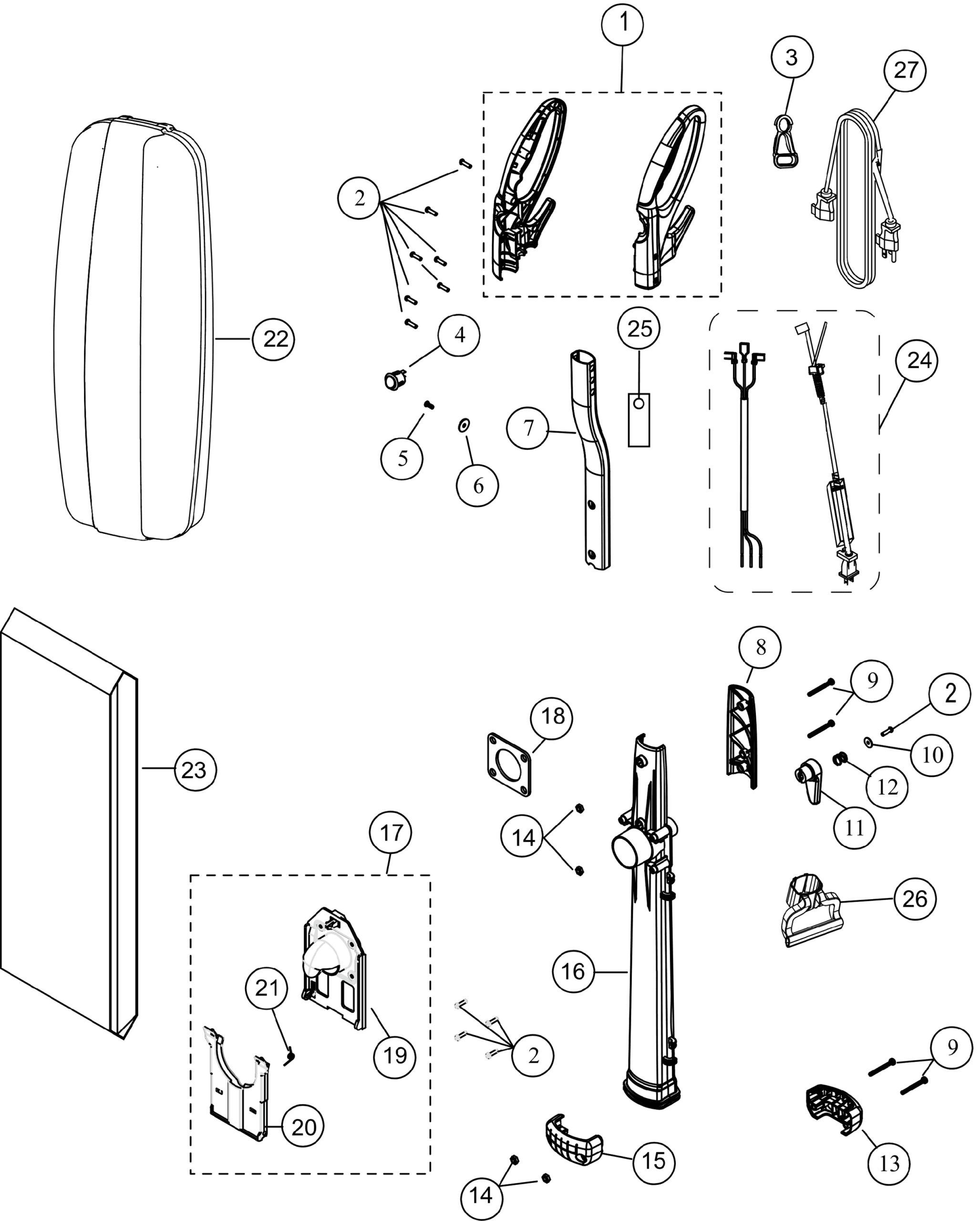 Tornado CK ULW 13/1 TV280-W12-U handle and body assembly exploded parts diagram with numbered callouts