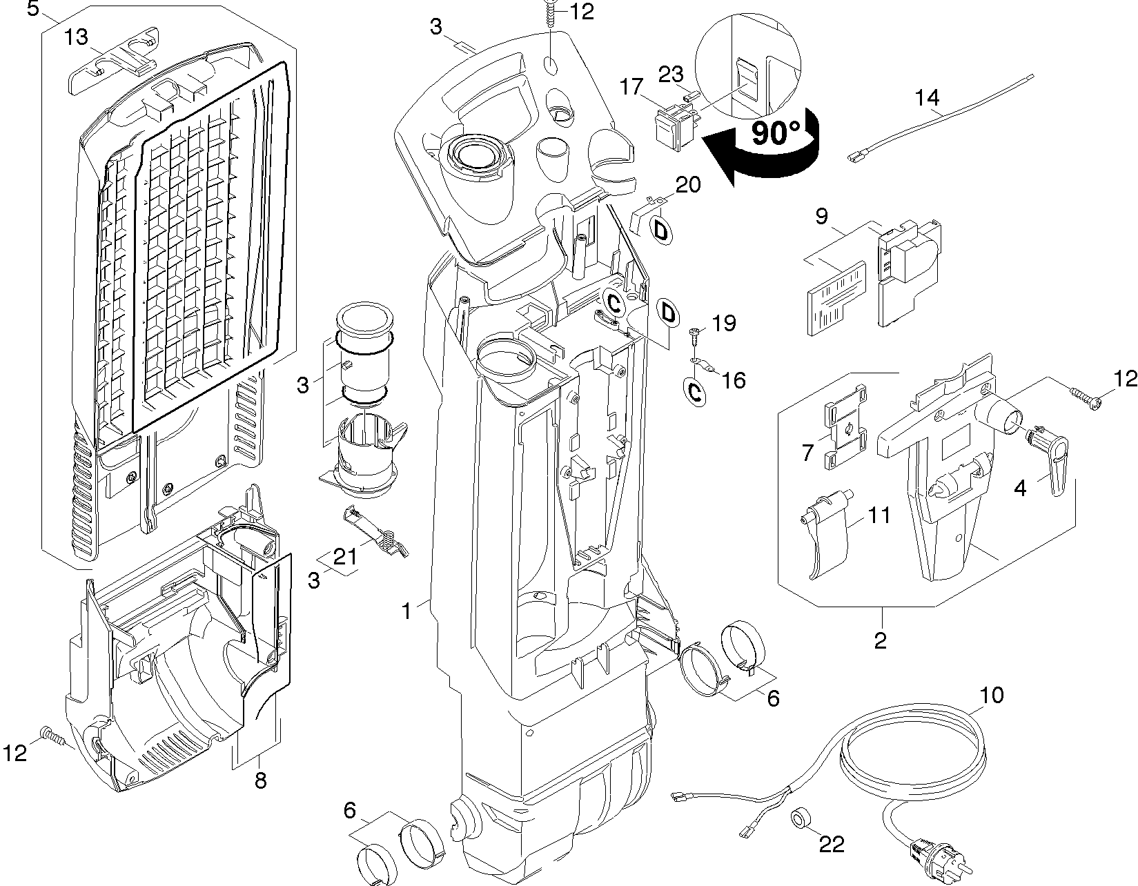 Tornado CV 38/2 and CV 48/2 appliance top parts diagram showing numbered positions for the housing, covers, circuit board, rocker switch, power cord and fixings