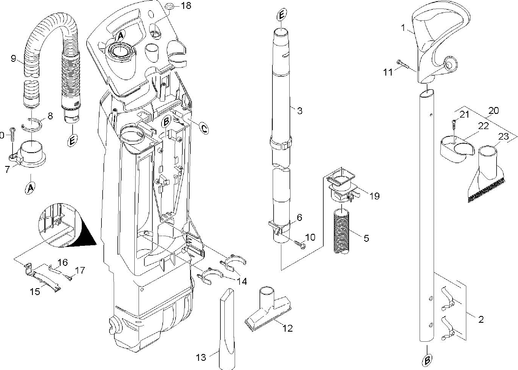 Tornado CV 38/2 and CV 48/2 piece parts diagram showing numbered positions for the handle, wand, suction hoses, tools, filter holder and fixings