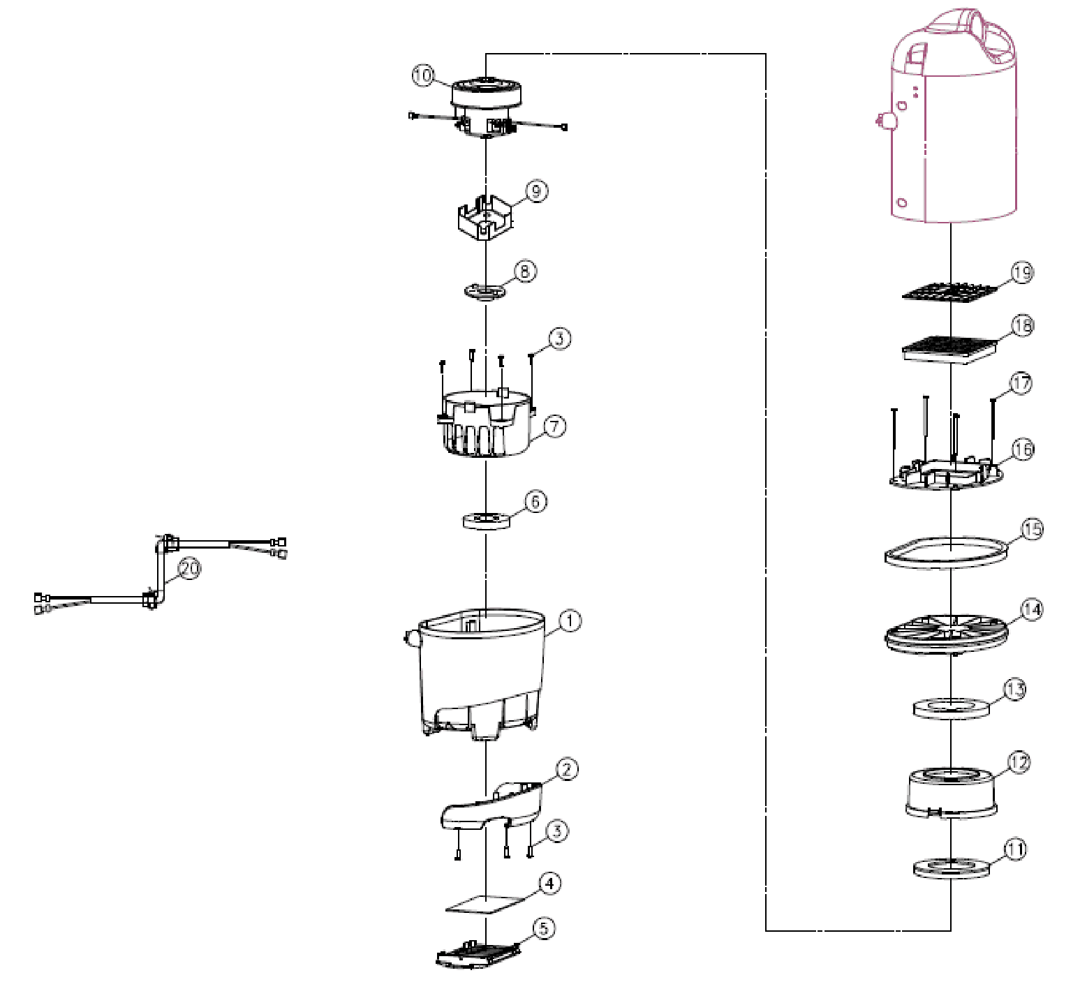 Tornado Pac-Vac 6 Roam 93016 lower assembly parts diagram