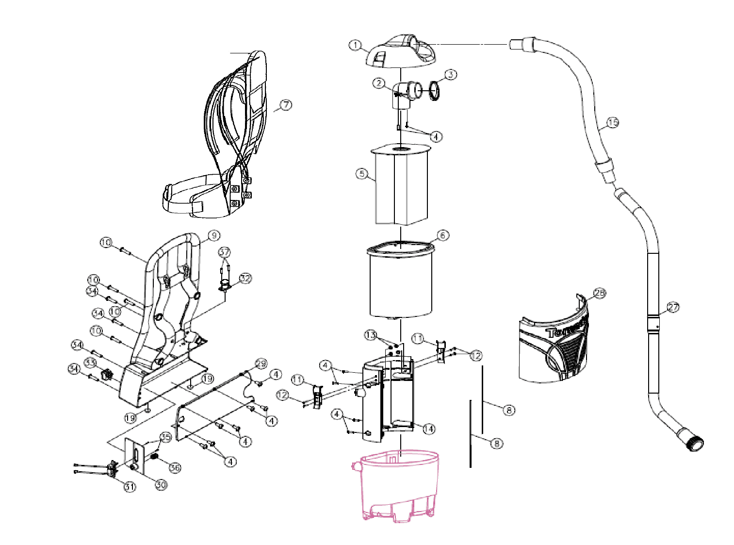 Tornado Pac-Vac 6 Roam 93016 upper assembly parts diagram