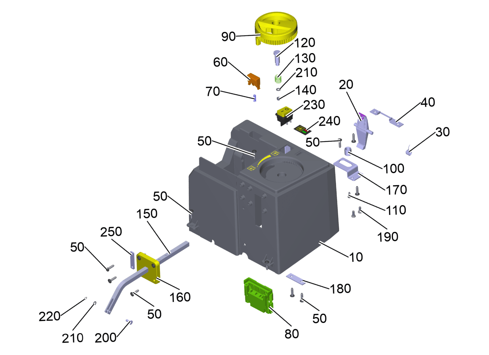 Tornado Tempest TV400-W26-U battery housing and controls parts diagram with numbered callouts