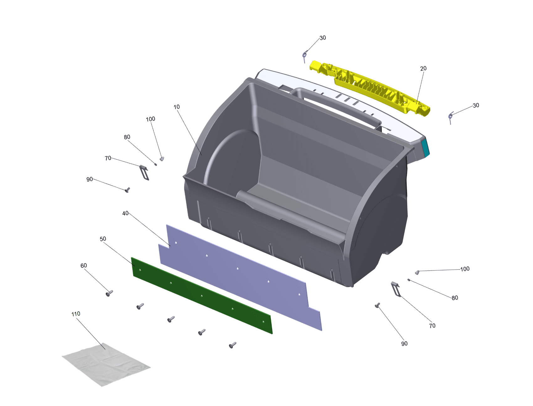 Tornado Tempest TV400-W26-U debris container parts diagram with numbered callouts