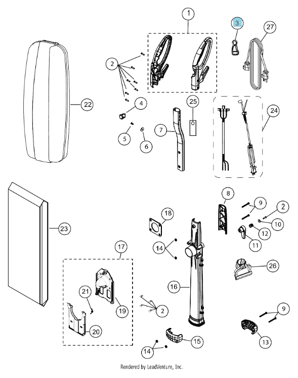 CleanMax ZM-500 ZM-700 handle and body parts diagram (items 1-27)